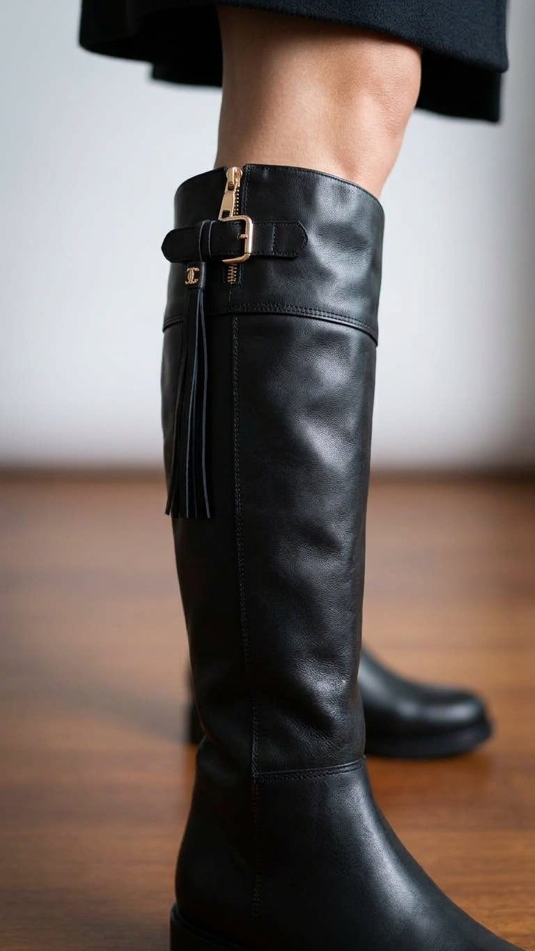 Stivale Alto Pelle Nera Zip Dorata - Made in Italy