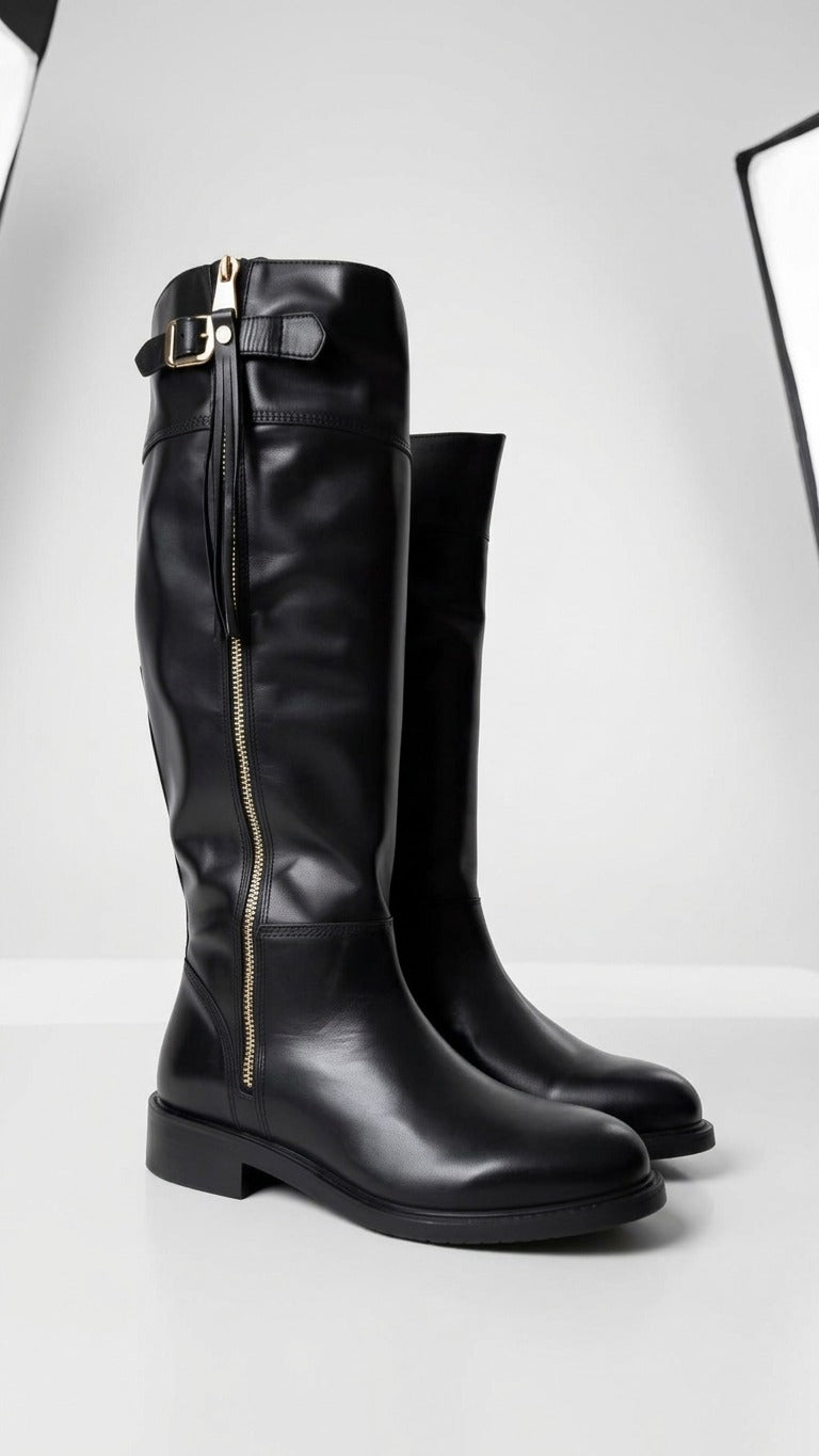 Stivale Alto Pelle Nera Zip Dorata - Made in Italy