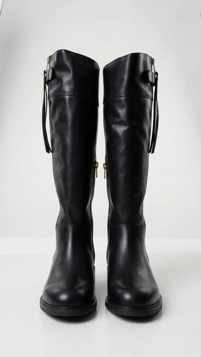 Stivale Alto Pelle Nera Zip Dorata - Made in Italy