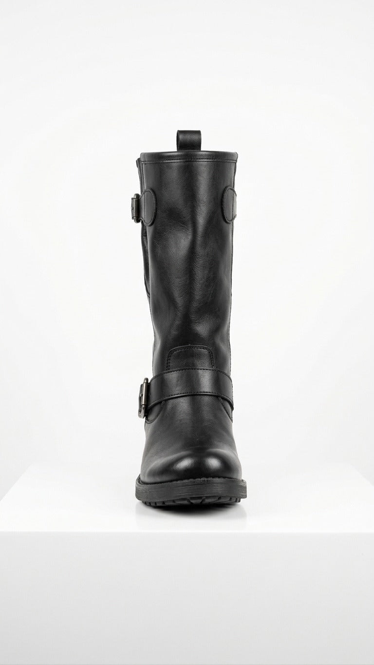 Stivale Biker in Pelle Nera con Fibbie - Made in Italy