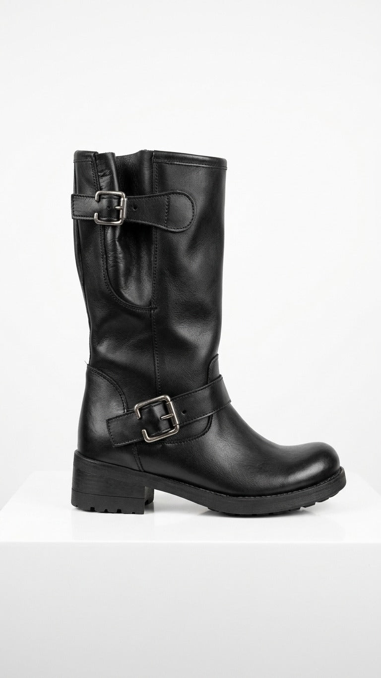 Stivale Biker in Pelle Nera con Fibbie - Made in Italy