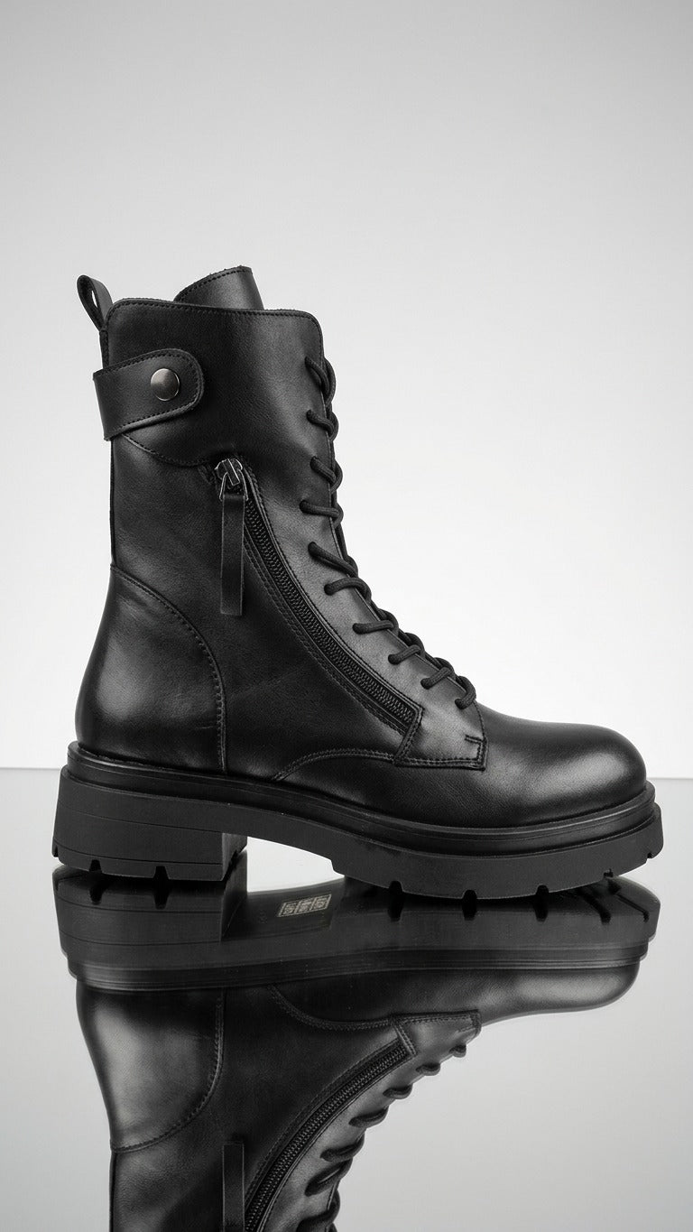 Anfibio Stringato Pelle Nera con Doppia Zip - Made in Italy