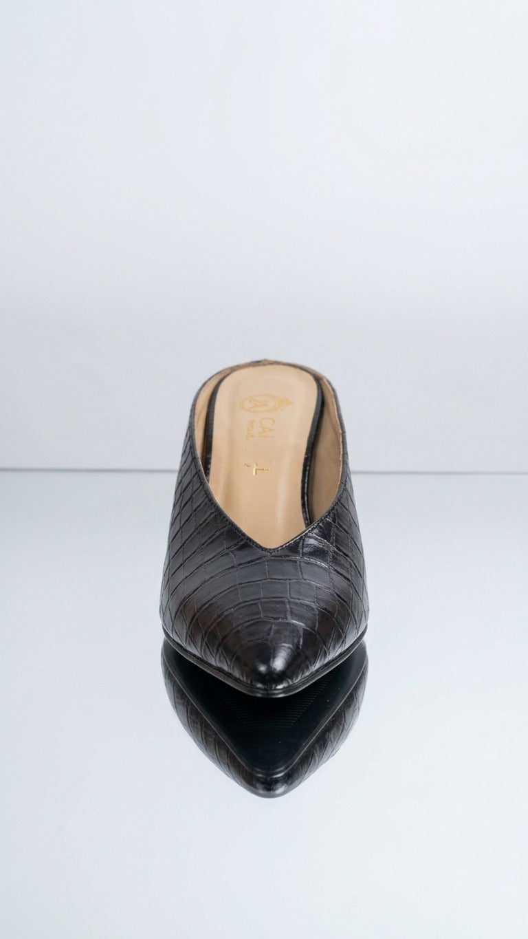 Sabot in Pelle Nera Stampa Cocco Tacco 6cm - Made in Italy