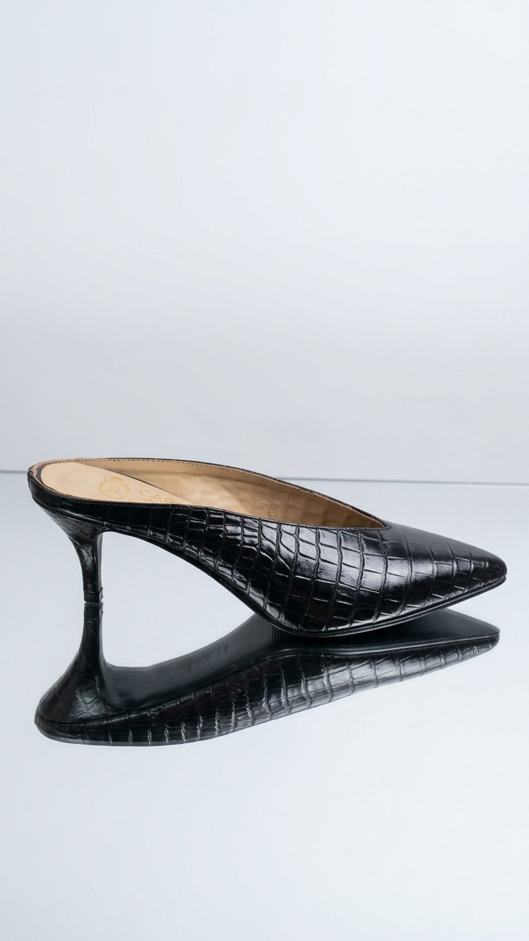 Sabot in Pelle Nera Stampa Cocco Tacco 6cm - Made in Italy